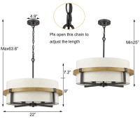 Axiland Rustic Drum Chandelier 4-Light Dining Room Chandelier With Off-White Fabric Shade