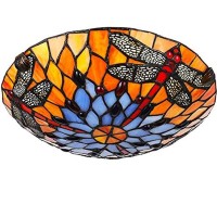 Judu Vintage Tiffany Style Stained Glass Dragonfly Flush Mount Ceiling Light Fixture With Stained Glass Shade Hanging Tiffany Lamps For Living Room Bedroom Hotel Cafe(Dragonfly-16)