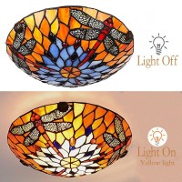 Judu Vintage Tiffany Style Stained Glass Dragonfly Flush Mount Ceiling Light Fixture With Stained Glass Shade Hanging Tiffany Lamps For Living Room Bedroom Hotel Cafe(Dragonfly-16)