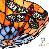 Judu Vintage Tiffany Style Stained Glass Dragonfly Flush Mount Ceiling Light Fixture With Stained Glass Shade Hanging Tiffany Lamps For Living Room Bedroom Hotel Cafe(Dragonfly-16)