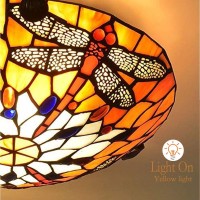 Judu Vintage Tiffany Style Stained Glass Dragonfly Flush Mount Ceiling Light Fixture With Stained Glass Shade Hanging Tiffany Lamps For Living Room Bedroom Hotel Cafe(Dragonfly-16)