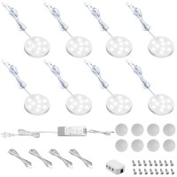 Huryee Under Cabinet Lighting Puck Lights, 12V Linkable Led Puck Lights, Plug In/Hardwired, Led Driver, Dimmable Transformer Compatible With Most Dimmer Switch, 8 Pack Daywhite 6000K