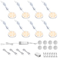 Huryee Under Cabinet Lighting Puck Lights, 12V Linkable Led Puck Lights, Plug In/Hardwired, Led Driver, Dimmable Transformer Compatible With Most Dimmer Switch, 8 Pack Warmwhite 2700K