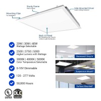 2X2 Ft Led Light Flat Panel, 20/30/40W, Color Temperature Selectable 3K | 4K | 5K, Dimmable Recessed Drop Ceiling Lights, 2500/3750/5000 Lumens, Lay In Fixture For Office, 120-277V, Ul Dlc(6 Pack)