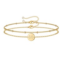 Monozo Gold Initial Bracelets For Women Teen Girls, 14K Gold Filled Layered Letter M Initial Bracelet Disc Charm Bracelet Jewelry Gifts For Teenage Girls Gold Bracelets For Women