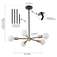 Kaisite Sputnik Chandelier Light Fixture - Modern 5-Light Sputnik Ceiling Light Height Adjustable Gold And Black Hanging Pendant Lighting For Living Room Kitchen Bedroom Hallway Farmhouse