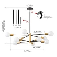 Kaisite Modern Sputnik Chandelier - 10-Light Black And Gold Chandelier Height Adjustable Mid Century Pendant Lighting Sputnik Ceiling Light Fixture For Kitchen Dining Room Living Room Bedroom