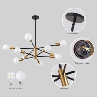 Kaisite Modern Sputnik Chandelier - 10-Light Black And Gold Chandelier Height Adjustable Mid Century Pendant Lighting Sputnik Ceiling Light Fixture For Kitchen Dining Room Living Room Bedroom