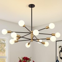 Kaisite Modern Sputnik Chandelier - 12-Light Black And Gold Chandelier Mid Century Led Pendant Lighting Height Adjustable Ceiling Light Fixture For Kitchen Dining Room Living Room Bedroom