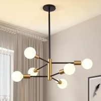 Kaisite Modern Sputnik Chandelier - 6 Light Chandelier Light Fixture Height Adjustable Mid Century Ceiling Chandelier Plating Finished Black And Gold Chandelier For Kitchen Bedroom And Foyer