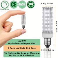 E11 Led Bulbs - 5W - 50W Halogen Replacement - Dimmable - Mini-Candelabra Base Light Bulb - Replaces T4 /T3 Jde11 - Day Light 6000K - For Ceiling Fans, Cabinet Lighting, Sconce & More- 6 Pack