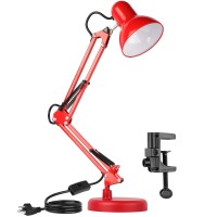 Ameritop Metal Desk Lamp, Adjustable Goose Neck Swing Arm Table Lamp With Interchangeable Base Or Clamp; Eye-Caring Study Desk Lamps For Bedroom, Study, Office, Table (Red)