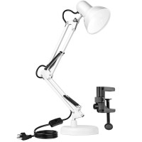 Ameritop Metal Desk Lamp, Adjustable Goose Neck Swing Arm Table Lamp With Interchangeable Base Or Clamp; Eye-Caring Study Desk Lamps For Bedroom, Study, Office, Table (White)