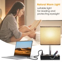 Evistr Fully Dimmable Table Lamp, Lamp For Bedroom 2 Usb Ports, Bedside Lamps With 2 Ac Outlet And Phone Slots, Small Table Lamp For Living Room, Grey Nightstand Lamp For Reading, Led Bulb Included