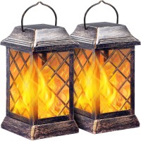 Tomcare Solar Lights Outdoor Flickering Flame Metal Solar Lantern Outdoor Hanging Decorative Lanterns Heavy Duty Waterproof Umbrella Decorations Lighting For Patio Garden Deck Yard, 2 Pack (Bronze)