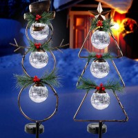 Maggift Christmas Outdoor Solar Stake Lights, 42.5 Inch Solar Powered Yard Decorations, Glass Globe Cool White Led Xmas Pathway Lights, Metal Snowman & Tree Garden Stakes Lawn Ornament, Set Of 2