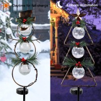 Maggift Christmas Outdoor Solar Stake Lights, 42.5 Inch Solar Powered Yard Decorations, Glass Globe Cool White Led Xmas Pathway Lights, Metal Snowman & Tree Garden Stakes Lawn Ornament, Set Of 2