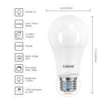 Linkind Dimmable A19 Led Light Bulbs, 75W Equivalent, E26 Base, 5000K Daylight, 13W 1150 Lumens 120V, Ul Listed Fcc Certified, Pack Of 6