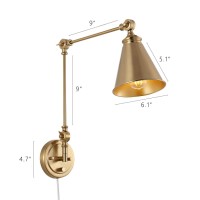 Wingbo Vintage Adjustable Swing Arm Wall Lamp Foldable Gold Wall Light Plug-In Cord Industrial Wall Sconce Plug In Or Hardwire With On/Off Switch Wall Mounted Reading Light Fixture Bedside Lamp