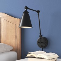 Wingbo Vintage Adjustable Swing Arm Wall Lamp Foldable Black Wall Light Plug-In Cord Industrial Wall Sconce Plug In Or Hardwire With On/Off Switch Wall Mounted Reading Light Fixture Bedside Lamp