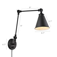 Wingbo Vintage Adjustable Swing Arm Wall Lamp Foldable Black Wall Light Plug-In Cord Industrial Wall Sconce Plug In Or Hardwire With On/Off Switch Wall Mounted Reading Light Fixture Bedside Lamp