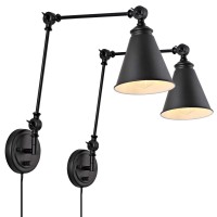 Wingbo Industrial Swing Arm Wall Lamp Set Of 2, Farmhouse Style Black Wall Sconce Lighting, Adjustable Plug In/Hardwired Two-Way, For Living Room Bedroom Vanity Study Desk Office