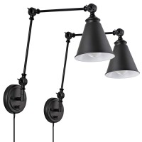 Wingbo Industrial Swing Arm Wall Lamp Set Of 2, Farmhouse Style Black Wall Sconce Lighting, Adjustable Plug In/Hardwired Two-Way, For Living Room Bedroom Vanity Study Desk Office