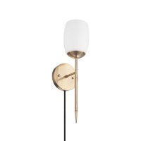 Globe Electric 51635 1-Light Plug-In Or Hardwire Wall Sconce, Soft Matte Brass, Opal Glass Shade, Wall Lights For Bedroom, Kitchen Sconces, Wall Lights For Living Room, Bulb Not Included