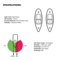 Fitment For fishing boats oceans yachts etc Specifications 1Housing MaterialMade of SUS304 2Housing Colour polished SS 3LED ColourRedGreen 4LED3 Pcs 5LED Bean Angle120 degrees 6FeaturesVertical mount navigation lightsGreen starboard 1125Red Port1125visibi