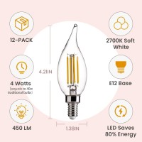 Alampever Dimmable 12-Pack Ca11 Led Chandelier Bulbs,4W(40W Equivalent) Led Candle Light Bulbs,E12 Candelabra Base,2700K Soft White,450Lm,Cri80