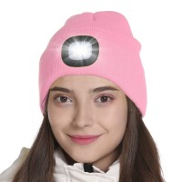 Tutuko Led Beanie With Light, Gifts For Men Women Dad Him, Usb Rechargeable Lighted Cap 4 Led Headlamp Hat, Unisex Warm Winter Knitted Led Hat With Flashlight Pink