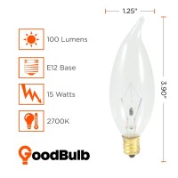 Goodbulb 15-Watt Incandescent Flame Tip Light Bulbs | Ca10 Clear Finish E12 Base 2700K Warm White Color | Dimmable 100 Lumens | Decorative Chandelier Bulbs | Pack Of 12 Bulbs