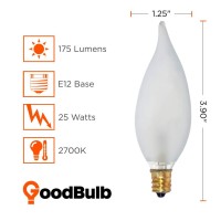 Goodbulb 25 Watt Flame Tip Candelabra Light Bulbs | Ca10 Frosted Finish E12 Base 2700K Soft White Light Cff | Dimmable 25W 175 Lumens | Decorative Chandelier Bulbs | Pack Of 12 Bulbs