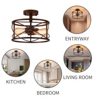 Black Semi Flush Ceiling Light Fixture 2Light Farmhouse Flush Mount Light Fixtures Modern Industrial Metal Cage Pendant Light