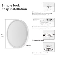 Taloya 15.8Inch Dimmable Flush Mount Led Ceiling Light,3 Color In One (3000K/4000K/6500K) White 24W=240W Round For Living Room Garage, Etl Listed