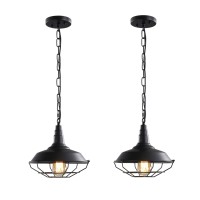 Ushe Dhome Industrial Pendant Lights 2 Pack Farmhouse Pendant Lights With Adjustable Chain, D10.2 Rustic Pendant Lighting Barn Black Metal Hanging Lights With Wire Cage For Kitchen Island Dining Room