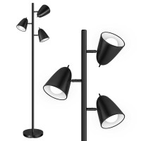 Qimh Tree Floor Lamp With 3 Light Bulbs, Standing Tall Pole Lamps For Living Room Bedroom Office, Reading Stand Up Lamps With 3 Adjustable Arms, Black