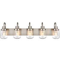 Yaohong Modern Bathroom Vanity Light 5Lights Lamp In Satin Nickel Farmhouse Wall Light Fixture With Clear Glass Shades Indoor W