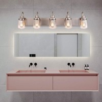 Yaohong Modern Bathroom Vanity Light 5Lights Lamp In Satin Nickel Farmhouse Wall Light Fixture With Clear Glass Shades Indoor W