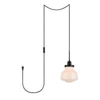 Lyle 1 Light Black And Frosted White Glass Plug In Pendant