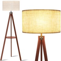 Lepower Tripod Floor Lamp, Mid Century Wood Standing Lamp, Modern Design Shelf Floor Lamp For Living Room, Bedroom, Office, Flaxen Lamp Shade With E26 Lamp Base