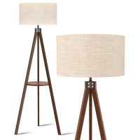 Lepower Tripod Floor Lamp, Mid Century Standing Lamp With Shelf, Modern Design Wood Floor Lamps For Living Room, Bedroom, Office, Flaxen Lamp Shade With E26 Lamp Base