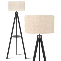 Lepower Tripod Floor Lamp, Mid Century Standing Lamp With Shelf, Modern Design Wooden Floor Lamps For Living Room, Bedroom, Office, Flaxen Lamp Shade With E26 Lamp Base (Black)