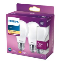 Philips Led Classic A60 Frosted Light Bulb 2 Pack [E27 Edison Screw] 7W - 60W Equivalent , Warm White 2700K, Non Dimmable