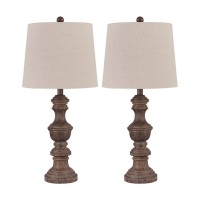 Tapered Fabric Shade Table Lamp With Turned Base, Set Of 2, Gray And Brown