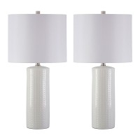 Carved Ceramic Base Table Lamp With Drum Shade, Set Of 2, White