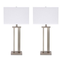 Metal Frame Table Lamp With Hardback Shade, Set Of 2, White And Silver