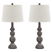 Benjara Polyresin Table Lamp With Turned Base, Set Of 2, White And Brown