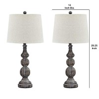 Benjara Polyresin Table Lamp With Turned Base, Set Of 2, White And Brown