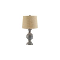 Brighten up your decor setting with the addition of this transitional style inspired Table Lamp which comes with a round drum shade Supported on bellied ceramic frame with pedestal base the gray accented base with beige color wrapped fabric add a distingu